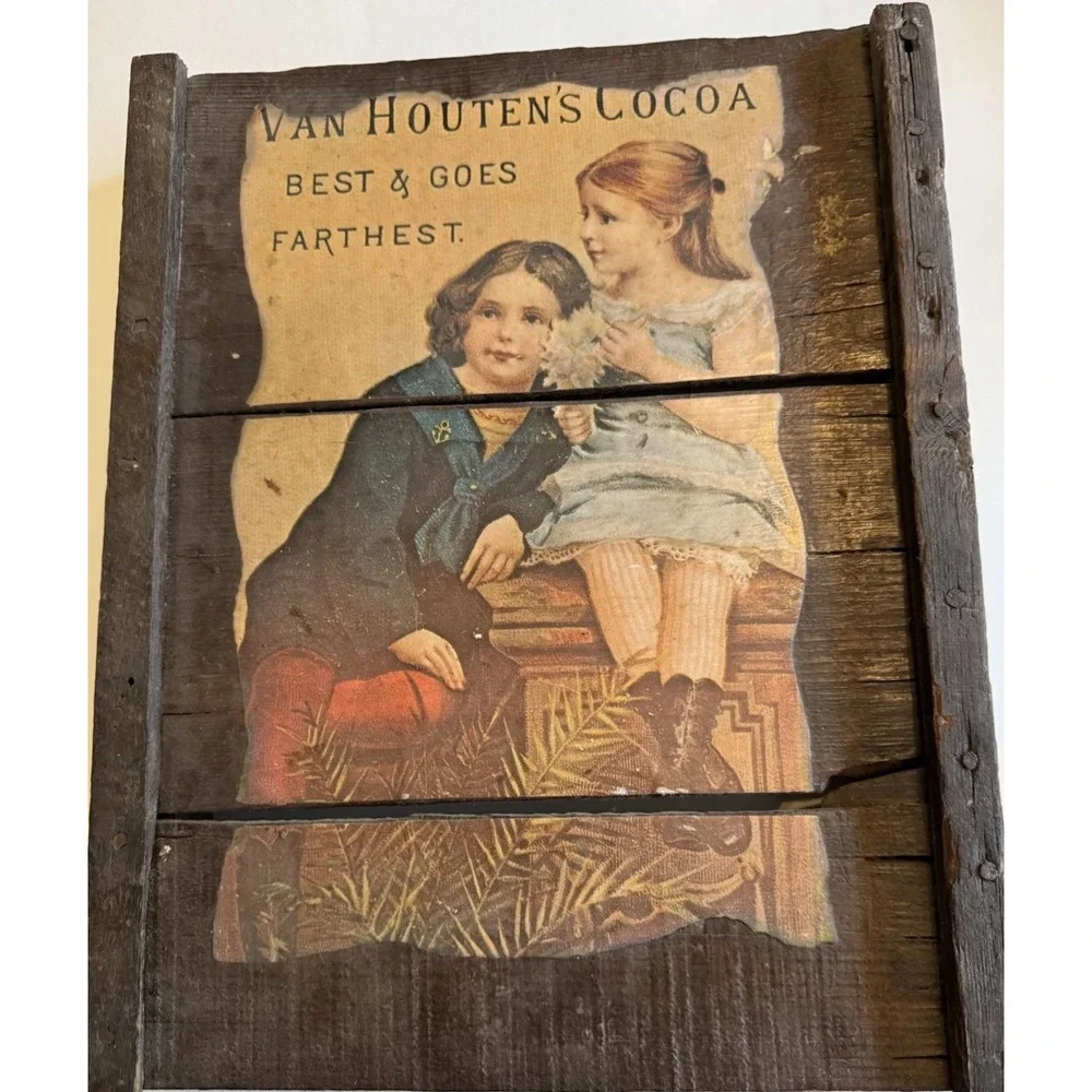 Vintage Van‎ Houten Cocoa Ad on Old Crate Wood 12x15x2